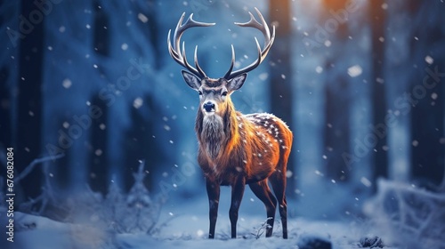 Noble deer male in the winter snow forest. Artistic winter Christmas landscape. generative ai photo