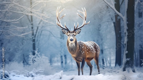 Noble deer male in the winter snow forest. Artistic winter Christmas landscape. generative ai