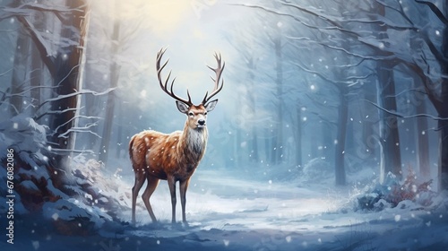 Noble deer male in the winter snow forest. Artistic winter Christmas landscape. generative ai © Ahtesham