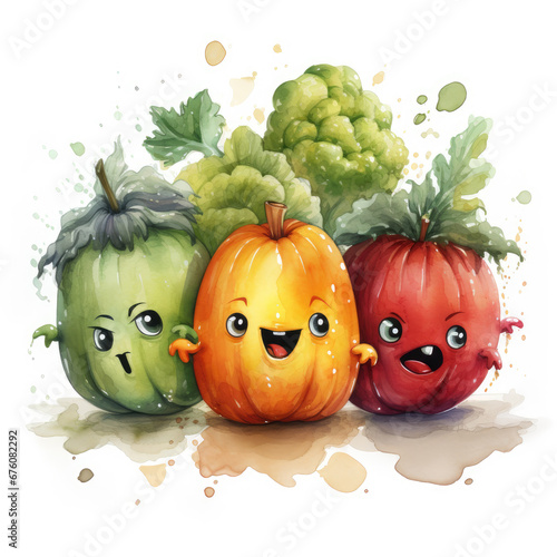 watercolor Cute Angry Fruits and Vegetables clipart, Generative Ai