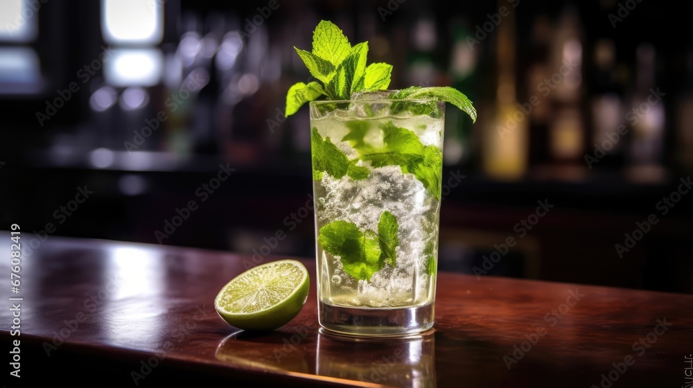 Classic mojito cocktail on a bar counter in a dark bar  - obrazy, fototapety, plakaty 