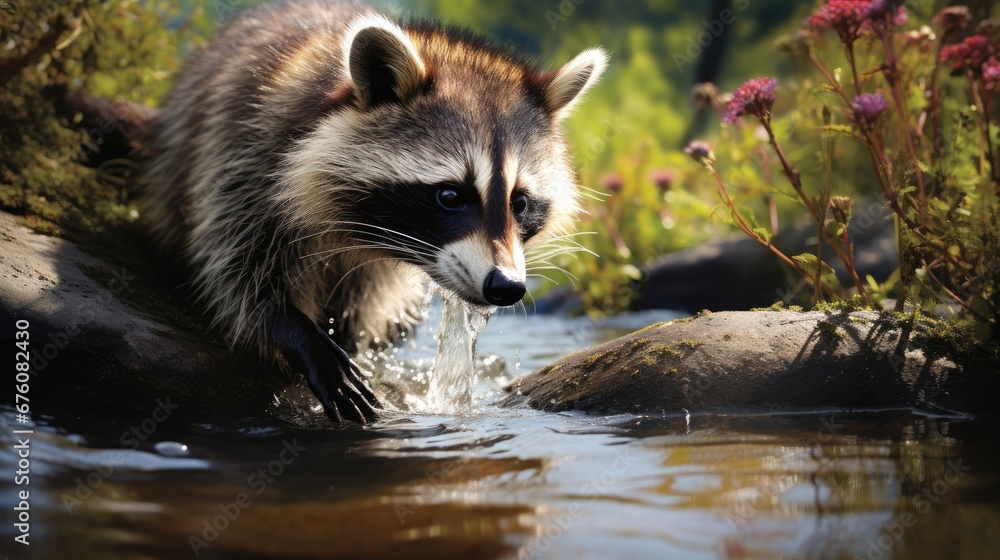 a raccoon is standing in the water and looking at the camera with a surprised look on its face. generative ai a raccoon is standing in the water and looking at the camera with a surprised look on its face. generative ai