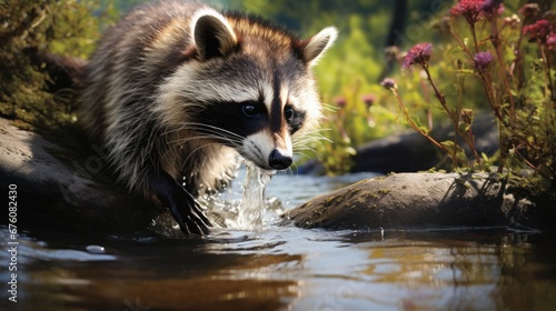  a raccoon is standing in the water and looking at the camera with a surprised look on its face. generative ai