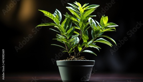 Shot of a small plant in a pot against a dark background. Perfect for adding a touch of greenery to any space