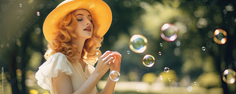 The close up of the young beautiful woman blowing bubble . generative ai The close up of the young beautiful woman blowing bubble . generative ai