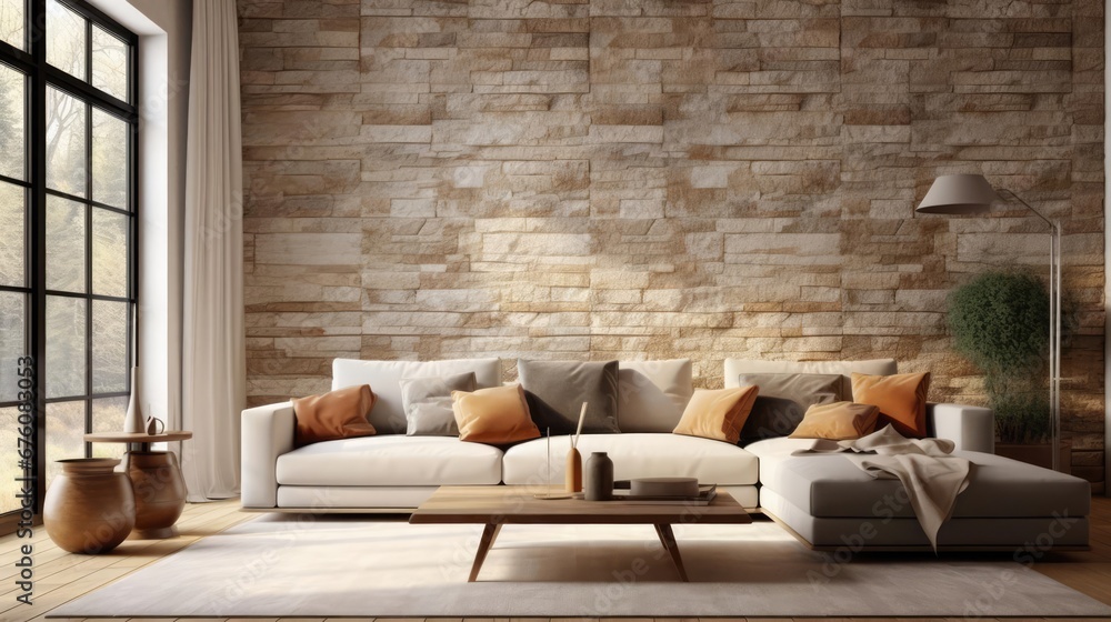 Obraz na płótnie Corner sofa against window in room with stone cladding walls Farmhouse style interior design of modern living room Created with w salonie