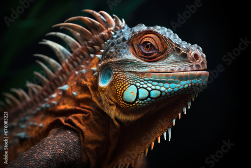 Fototapeta Naklejka Na Ścianę i Meble -  Closeup of a Colorful Reptile with a Dark Background 