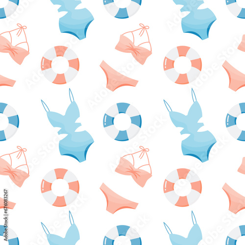 Seamless pattern, drawn women's bikini swimwear and life buoys on a white background. Travel background, print, vector photo