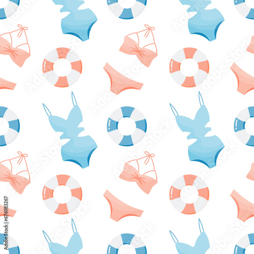 Seamless pattern, drawn women's bikini swimwear and life buoys on a white background. Travel background, print, vector