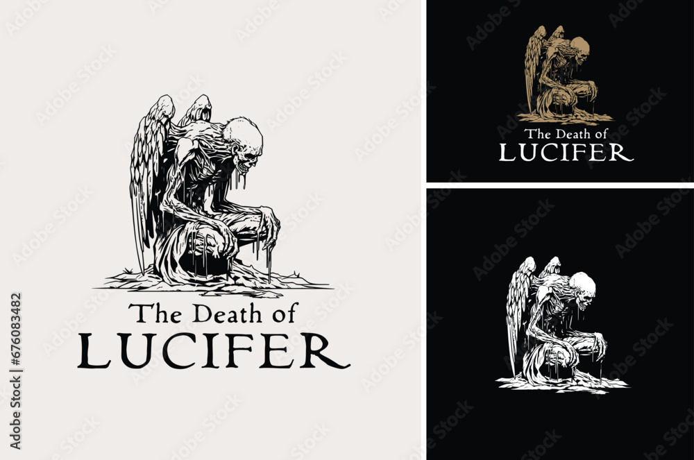 Dead Body Lucifer Corpse Angel on Grave Silhouette. Winged Zombie Slumped Helplessly with Gothic Dark Art Style for T Shirt Illustration logo design - obrazy, fototapety, plakaty 