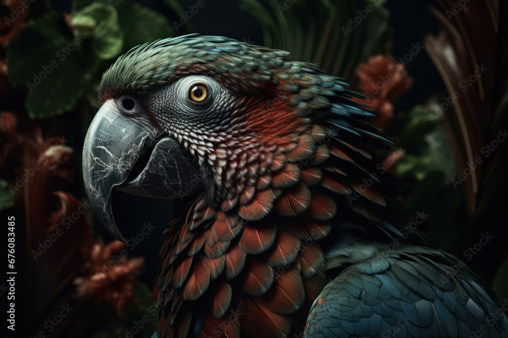 Obraz premium Colorful Fantasy Parrot with a beak with a Dark Background 