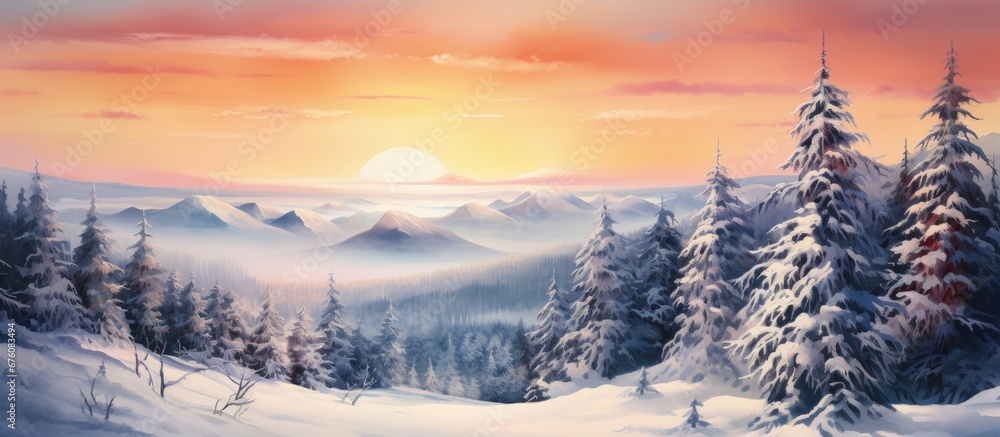 I created a stunning watercolor painting of a serene landscape capturing the beauty of snow capped mountains and frost kissed fir and spruce trees as the warm hues of the sunrise and sunset