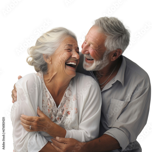 an older man and woman smiling and holding onto each other