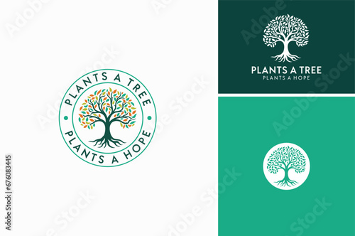 Classic Oak Maple Elm Chestnut Tree Root Silhouette. Residential landscape label stamp logo design photo