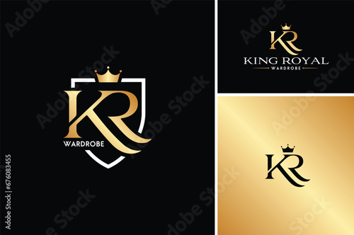 Golden Initial Letter KR Luxury Monogram with Queen King Prince Pincess Crown and Shield for Royal Jewelry Jewellery Premium Brand Logo Design photo