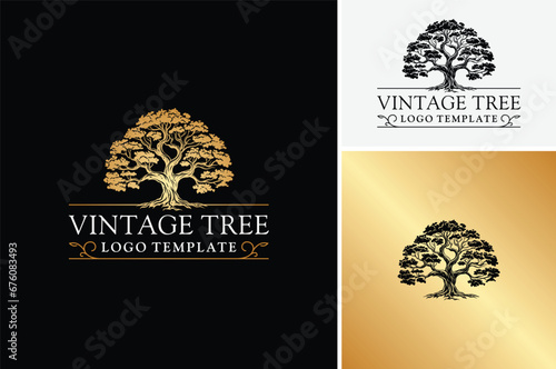 Classic Oak Maple Elm Chestnut Tree Silhouette. Residential landscape vintage logo design