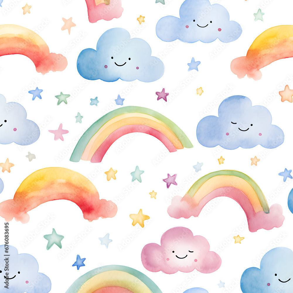 Cute watercolor rainbows with clouds on white background Cute watercolor rainbows with clouds on white background