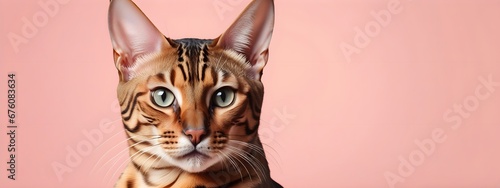 Bengal cat on a pastel background. Cat a solid uniform background  for your advertising and design with copy space. Creative animal concept. Looking towards camera.
