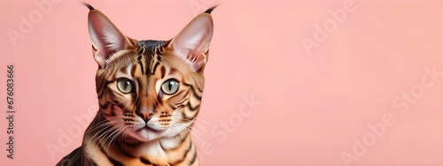 Bengal cat on a pastel background. Cat a solid uniform background, for your advertising and design with copy space. Creative animal concept. Looking towards camera.