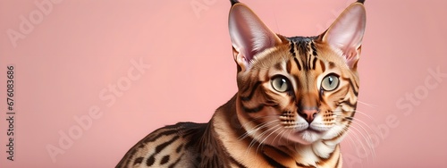 Bengal cat on a pastel background. Cat a solid uniform background  for your advertising and design with copy space. Creative animal concept. Looking towards camera.