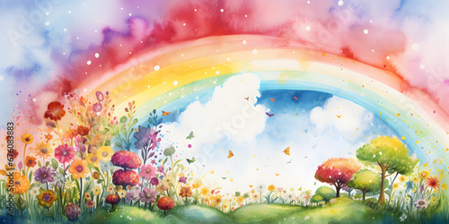 Watercolor colorful illustration of a magical meadow with a rainbow  photo