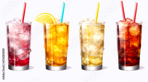 set of cocktails with ice on a white background