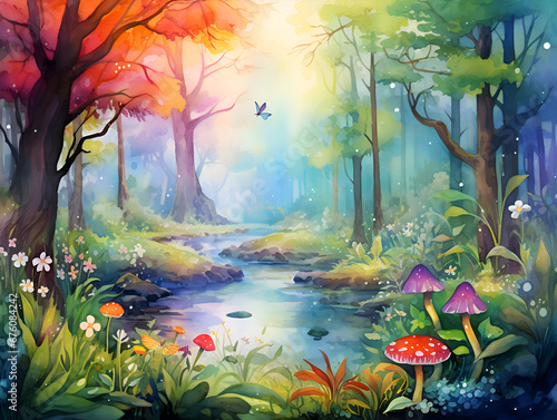Watercolor colorful illustration of a magical fairytale forest 