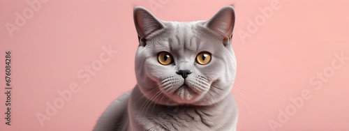 British shorthair cat on a pastel background. Cat a solid uniform background, for your advertising and design with copy space. Creative animal concept. Looking towards camera. © 360VP