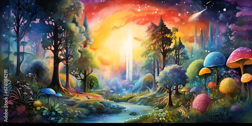 Watercolor colorful illustration of a magical fairytale forest  photo