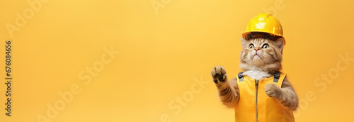 banner funny cat dressed as builder in yellow helmet on yellow background, workman engineering or repairing, service, copyspace. photo
