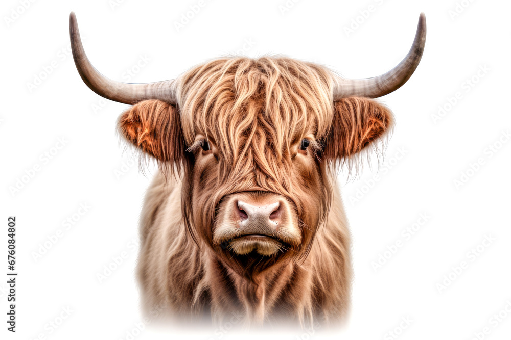Portrait of a Scottish highland cow, isolated on white background Portrait of a Scottish highland cow, isolated on white background