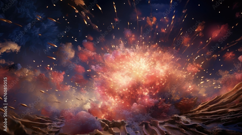  a painting of a firework exploding in the sky with red and pink smoke coming out of the top of it.  generative ai
