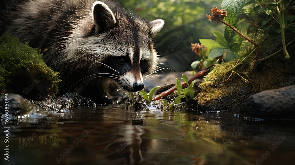 a raccoon drinking water from a stream in a forest with lots of green plants and rocks on either side of the stream. generative ai a raccoon drinking water from a stream in a forest with lots of green plants and rocks on either side of the stream. generative ai
