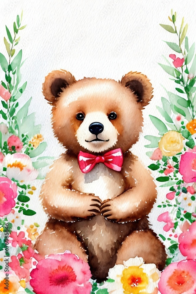 Cute little bear cub holding flower bouquet. Watercolor drawing. Cute little bear cub holding flower bouquet. Watercolor drawing.