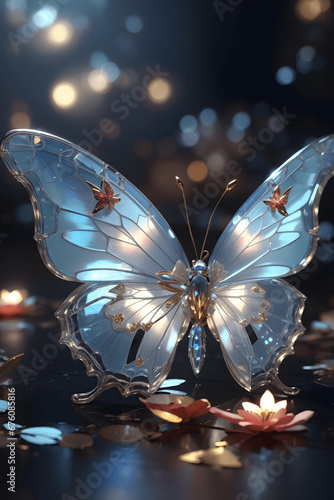 Ethereal Charm: A Winter Glass Butterfly Aglow with Iridescent Light Blue Hues photo