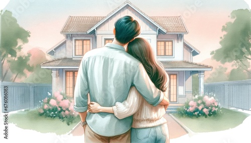 Foto Couple from behind looking at newly renovated home, embracing, soft watercolor, tender moment