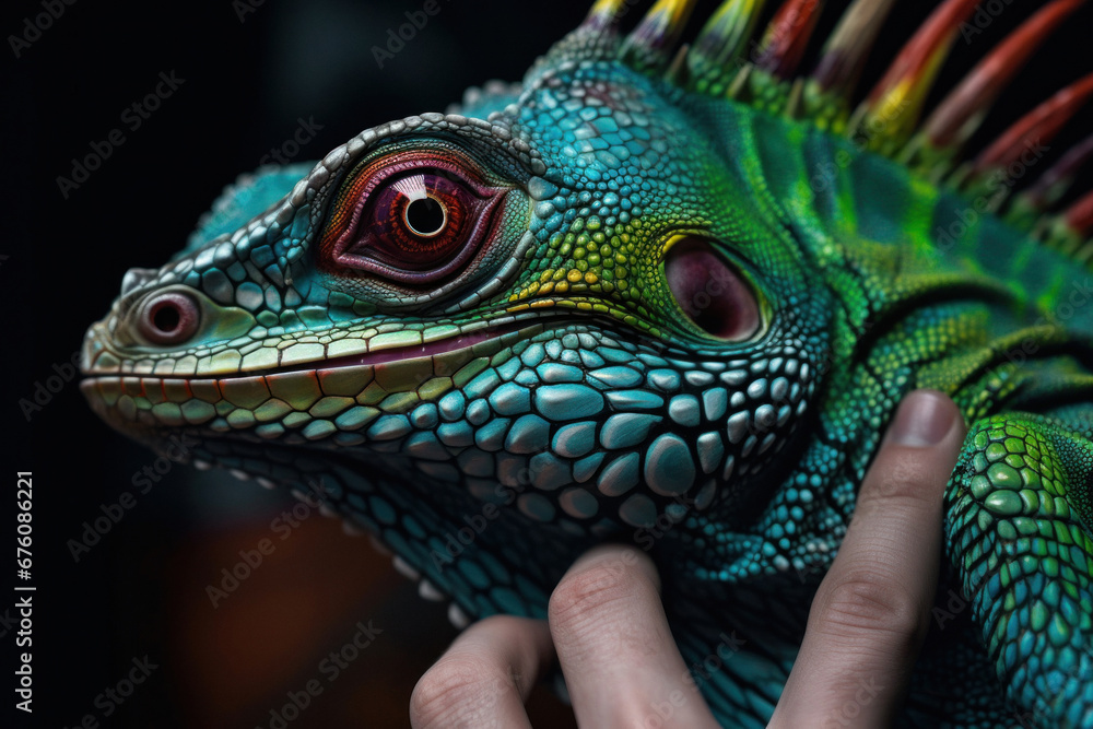 Closeup of a Colorful Reptile with a Dark Background Closeup of a Colorful Reptile with a Dark Background