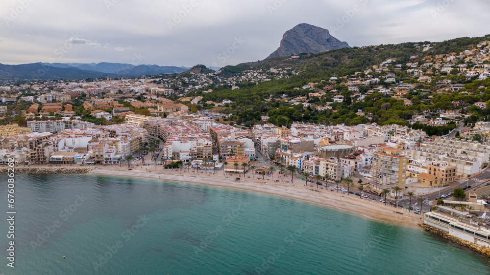 Aerial drone photo of the bay and the small town of Javea in the Costa Blanca Spain