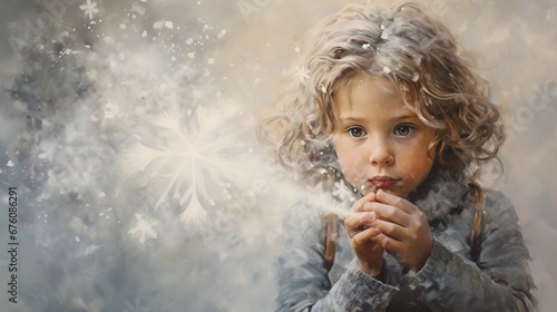 a small child catches snowflakes. Gray background for holiday card