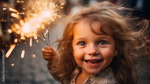 Happy little girl smiles on holiday with a sparkler in her hands. Portrait of a child. Celebration atmosphere. © DZMITRY