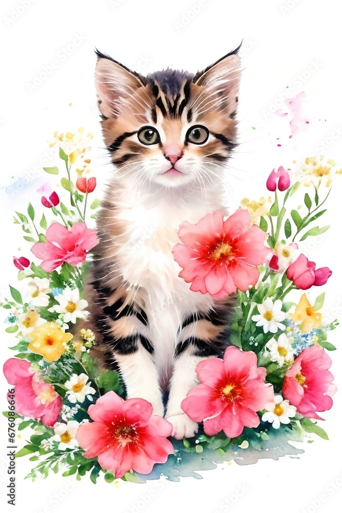 Cute little kitten kitten surrounded by flowers. Watercolor drawing. Cute little kitten kitten surrounded by flowers. Watercolor drawing.