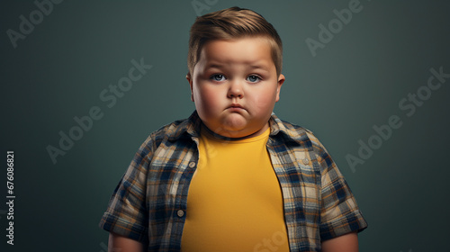 Chubby little pre-teen boy stands isolated on blue studio background, checkered shirt and dark blond hair, serious expression, copy space