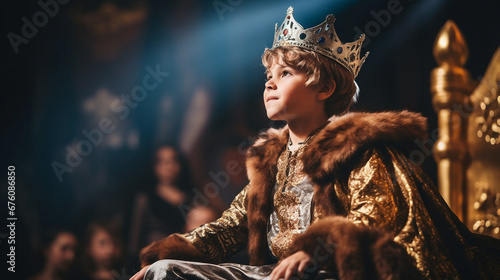 Cute little boy acting as king on a stage