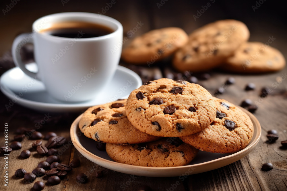 Homemade Tasty Chocolate Chip Cookies and Espresso Cup on Wooden Table With Coffee Beans Around Homemade Tasty Chocolate Chip Cookies and Espresso Cup on Wooden Table With Coffee Beans Around