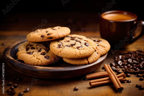 Homemade Tasty Chocolate Chip Cookies with Cinnamon and Espresso Cup on Wooden Table With Coffee Beans Around