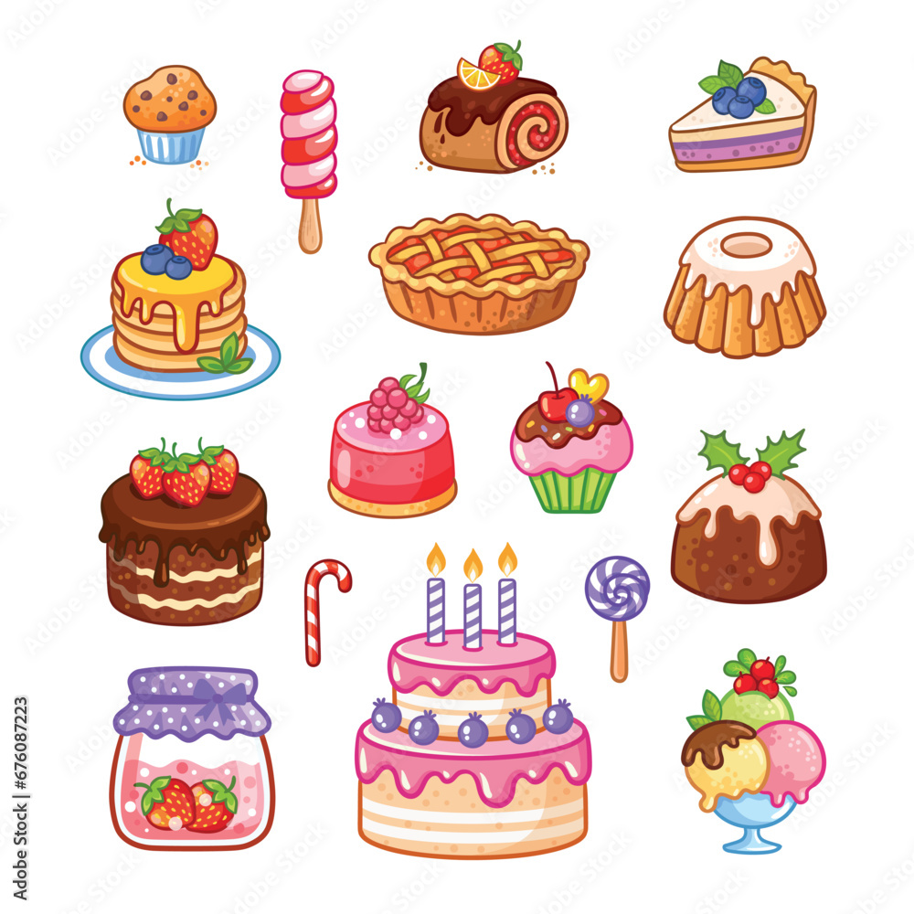 Set of sweets. Sweet pastries, cake, sweets, pie, cupcake, desserts in a cartoon style. A collection of delicious, high-calorie food isolated. Set of sweets. Sweet pastries, cake, sweets, pie, cupcake, desserts in a cartoon style. A collection of delicious, high-calorie food isolated.