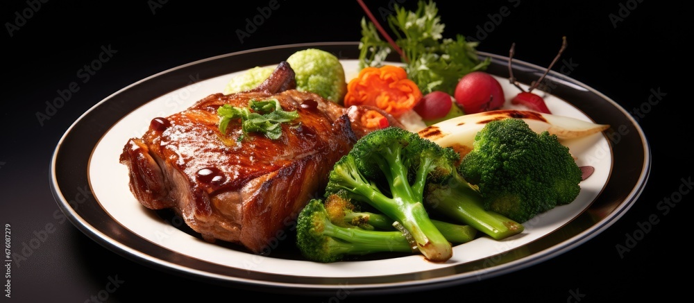 At the white themed Asian restaurant the chef expertly cooked a healthy Chinese meal consisting of tender red meat and succulent green chicken all served on a vibrant plate alongside flavorf At the white themed Asian restaurant the chef expertly cooked a healthy Chinese meal consisting of tender red meat and succulent green chicken all served on a vibrant plate alongside flavorf