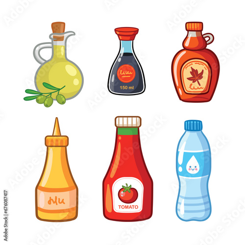 Sauce set. Soy, Ketchup, Olive oil, Mustard, Maple syrup seasoning jar bottle icon set. Cuisine vector.