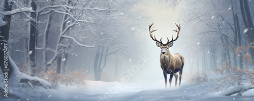 A front view of the deer in snowy forest. generative ai © Michal