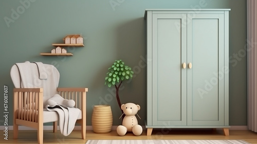 Stylish scandinavian newborn baby room with wooden cabinet children armchair,pillow. Generative Ai photo